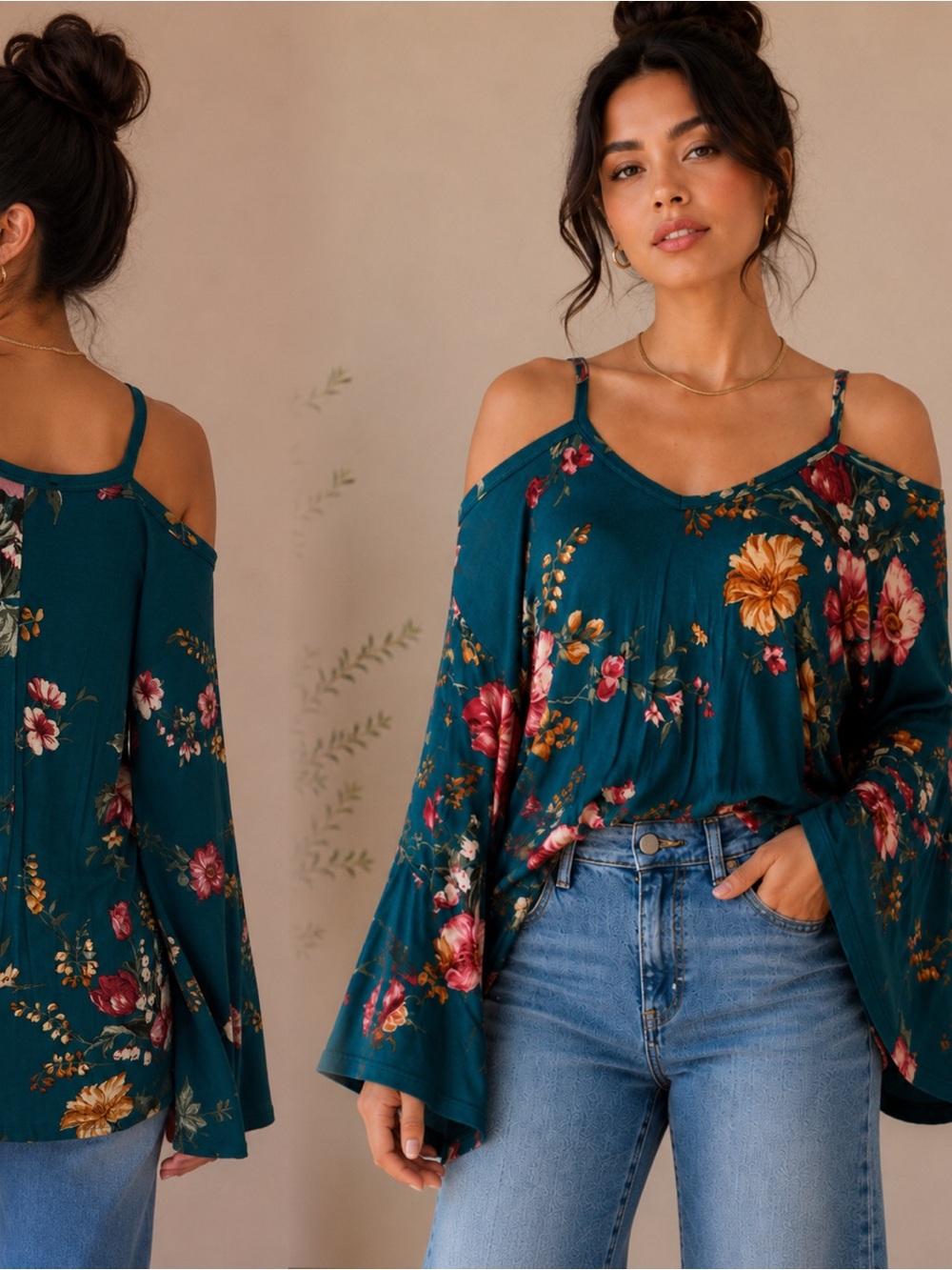 Sweet Claire Teal Floral Cold-Shoulder Blouse